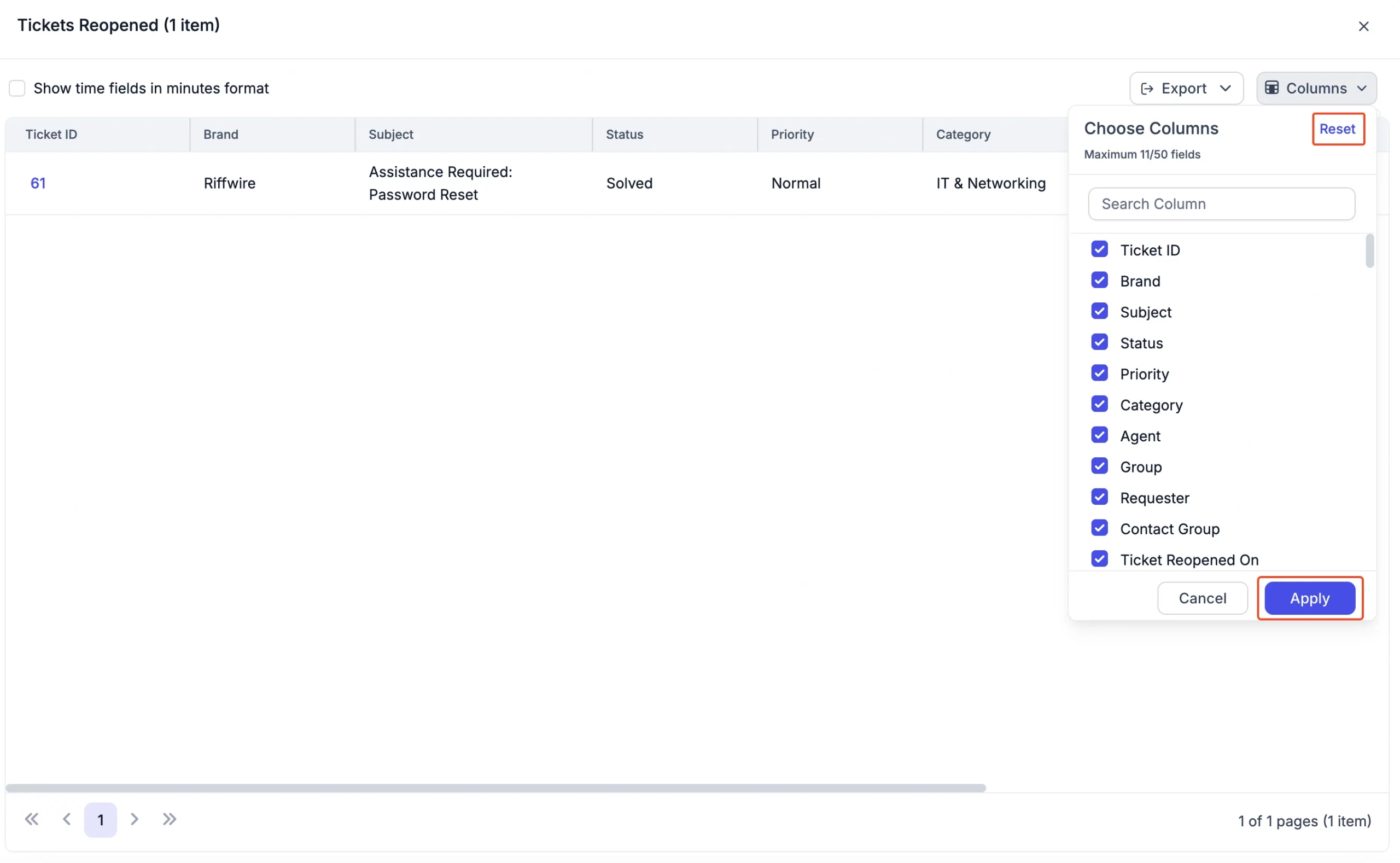 Ticket management screen with reopened Ticket ID 61, brand Riffwire, status solved; column customization panel visible.