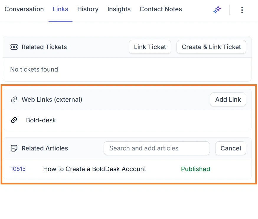 Interface shows related tickets and web links; includes external Bold-desk link and article on BoldDesk account setup.