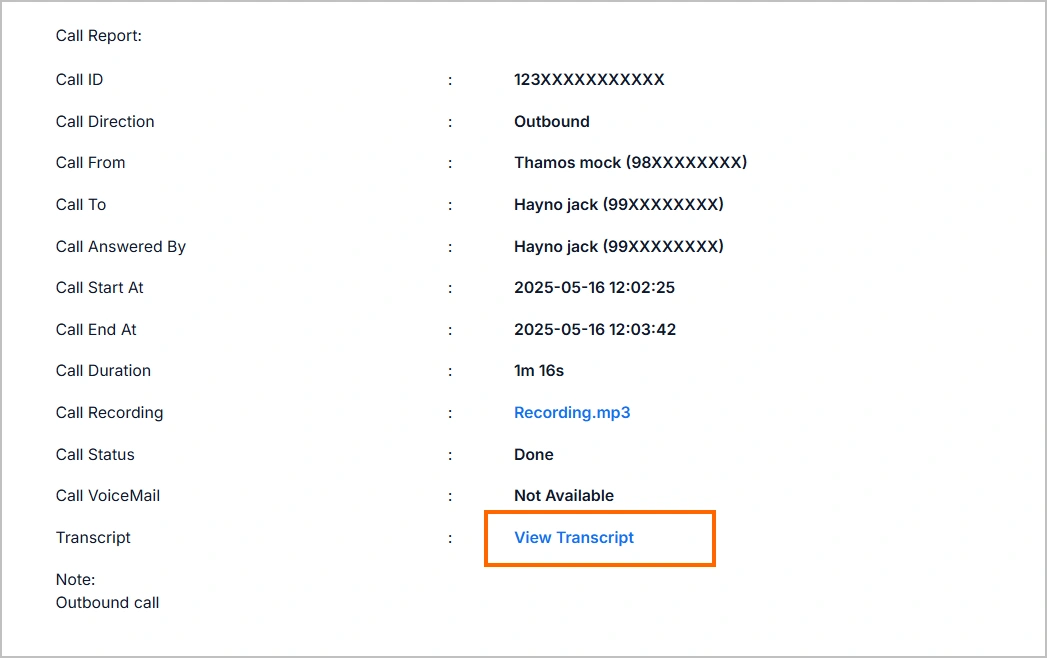 Call report UI with call ID, direction, participants, timestamps, and status; “View Transcript” link is highlighted.