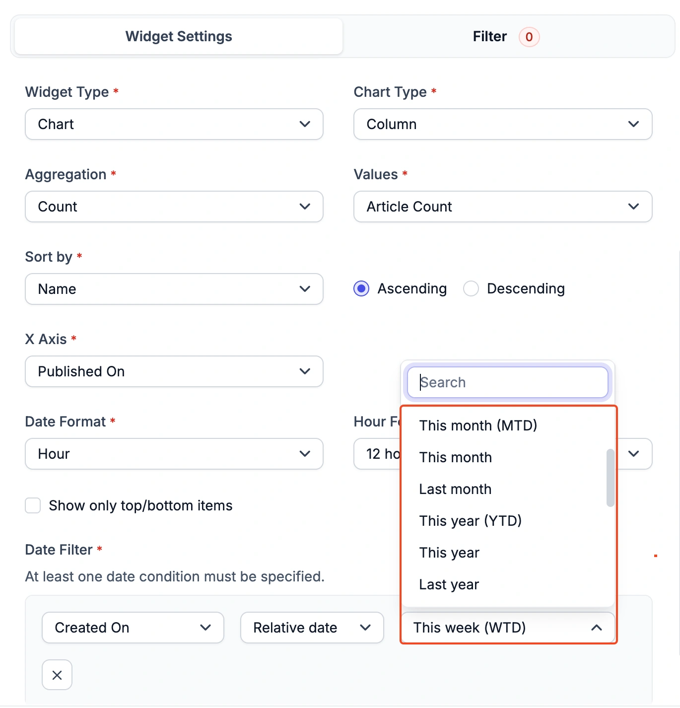 Chart customization screen displays widget type, values, sort order, and date filter with time range options visible.