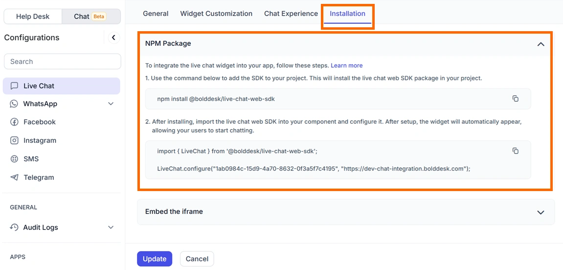 Chat configuration UI with