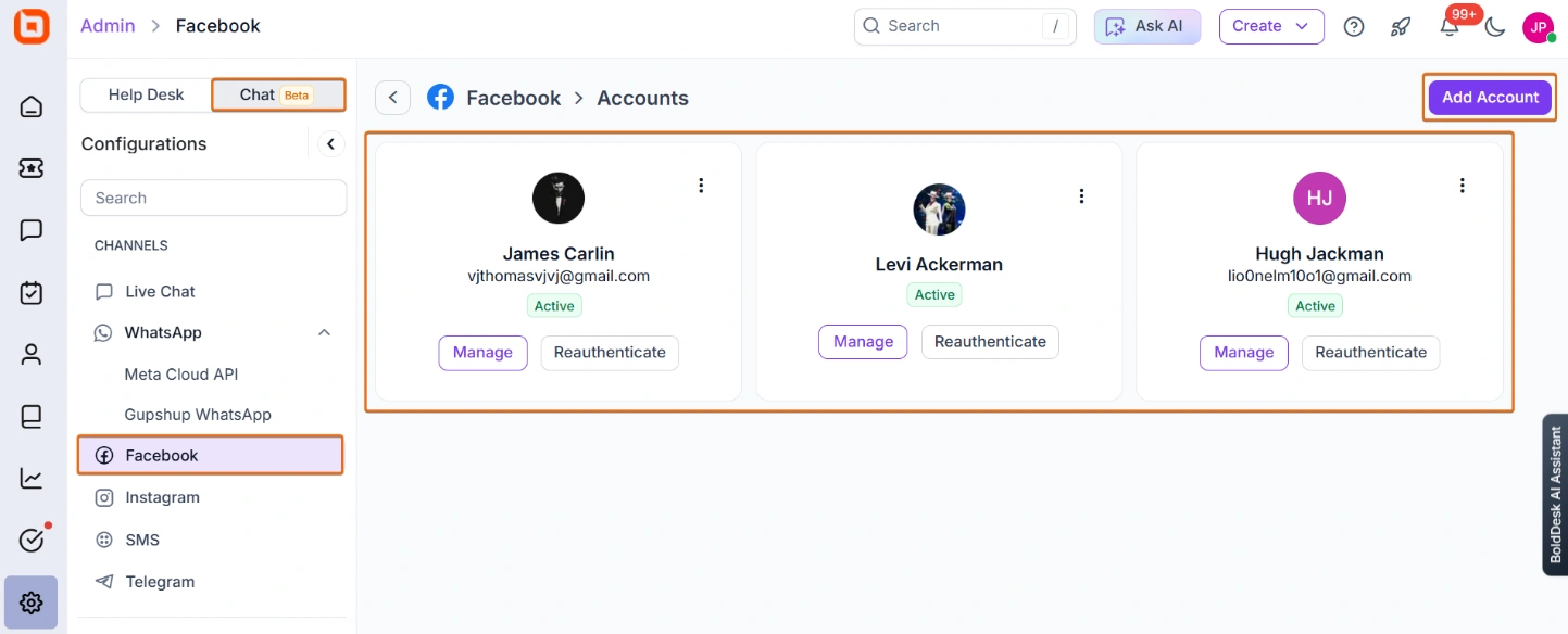 Facebook account dashboard with three profiles, Manage and Reauthenticate options, Add Account button, and channel list.