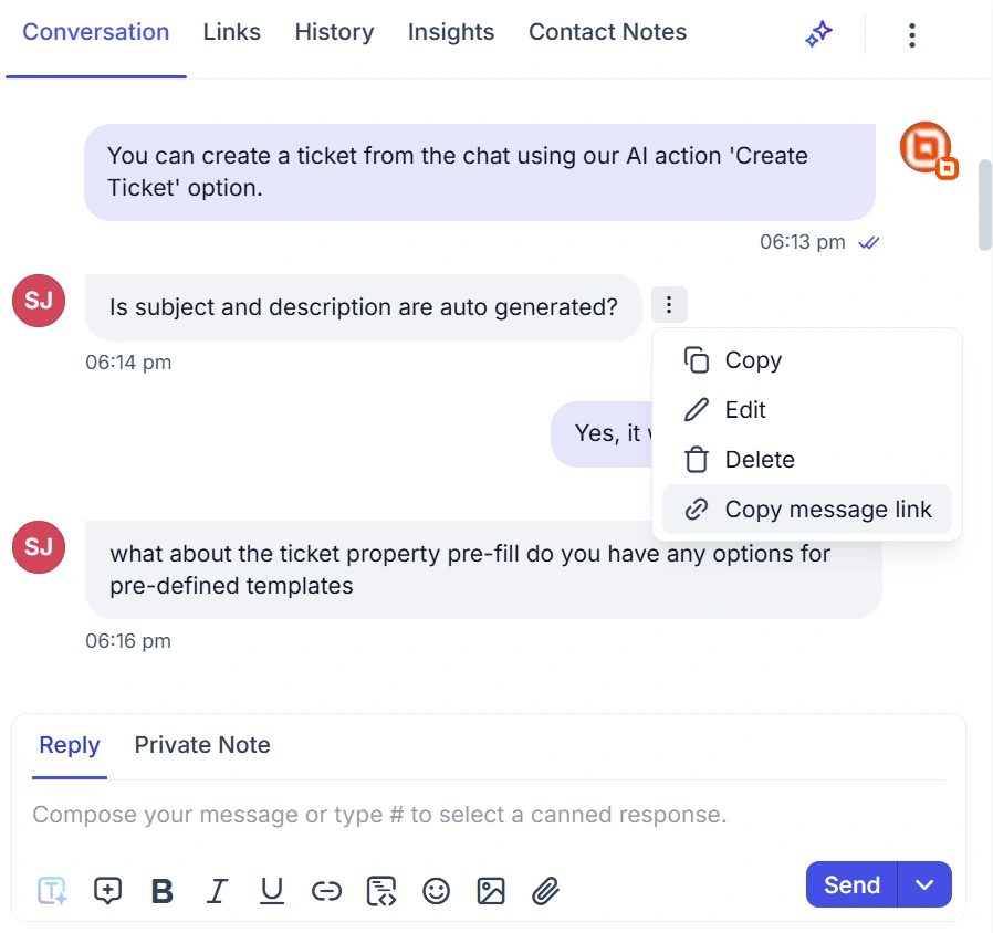 Support chat showing AI-based ticket creation; open menu includes copy, edit, delete, and copy message link options.