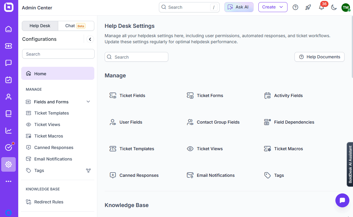 Help desk admin screen showing Language tab active; ticket setup tools listed in main panel with top navigation bar.