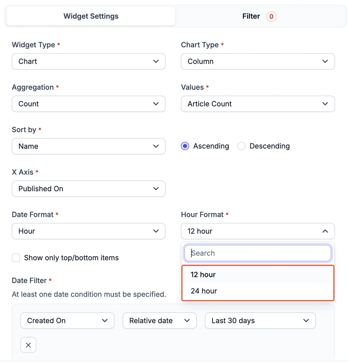 Chart widget setup screen with dropdowns for type, chart format, aggregation method, sorting, and date range filters.