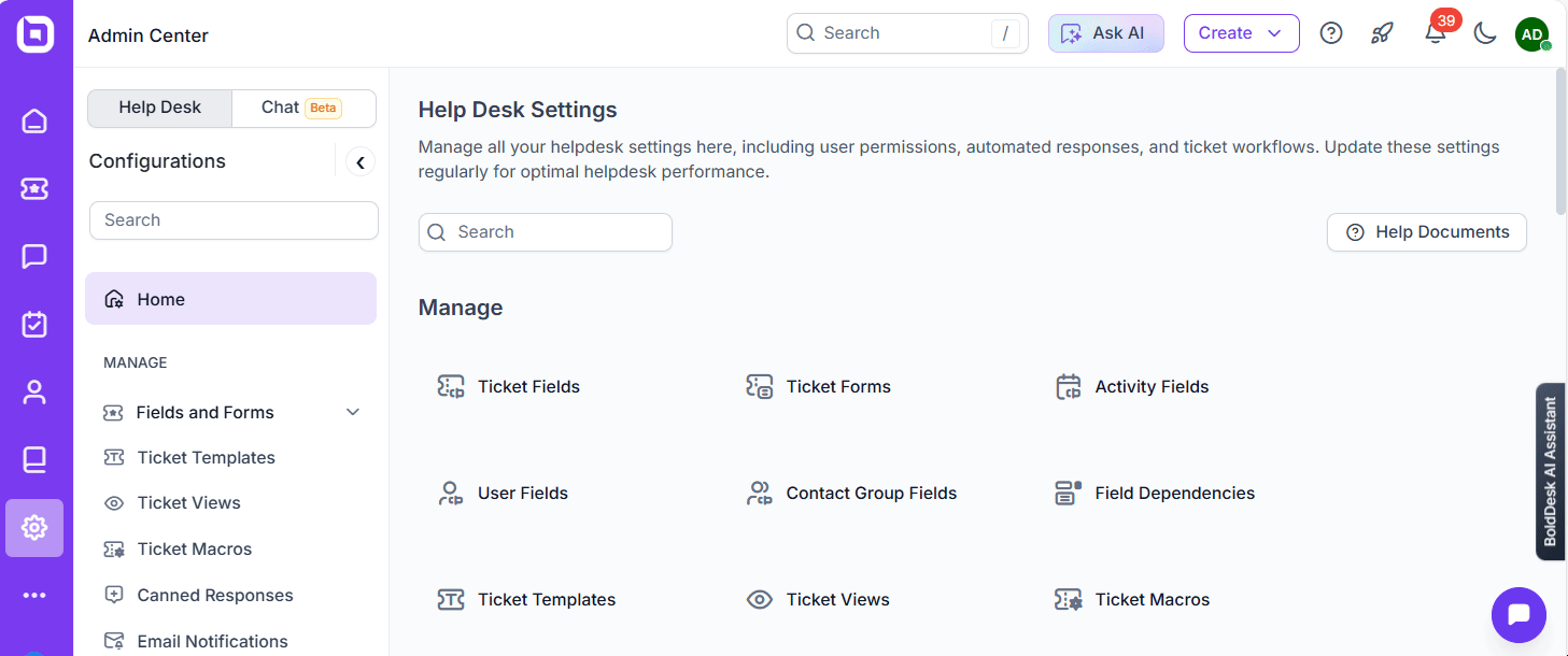 Helpdesk chat UI with sidebar, ticket list, and detailed view of Ali’s open ticket. User info and reply box are also shown.