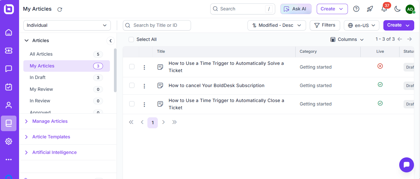 Knowledge base screen listing three support articles with edit icons; sidebar includes Drafts, Published, and Categories.