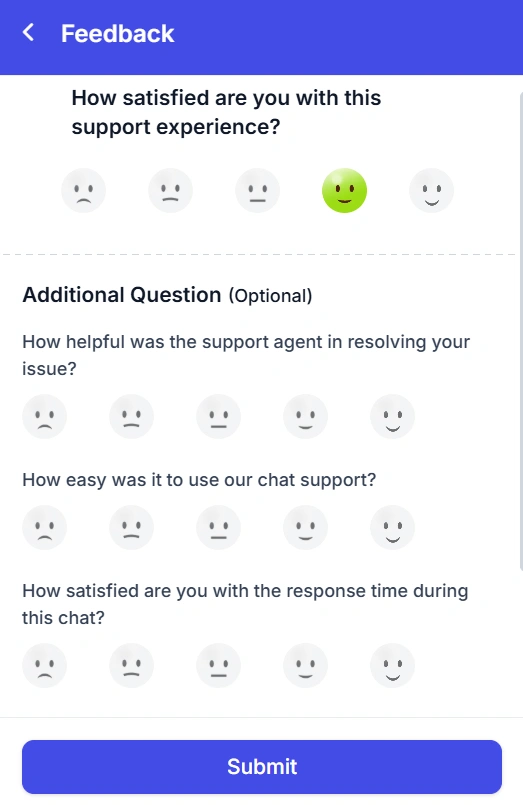 Feedback form with emoji ratings; green smiley selected for first question, others show neutral/sad; 'Submit' button below.
