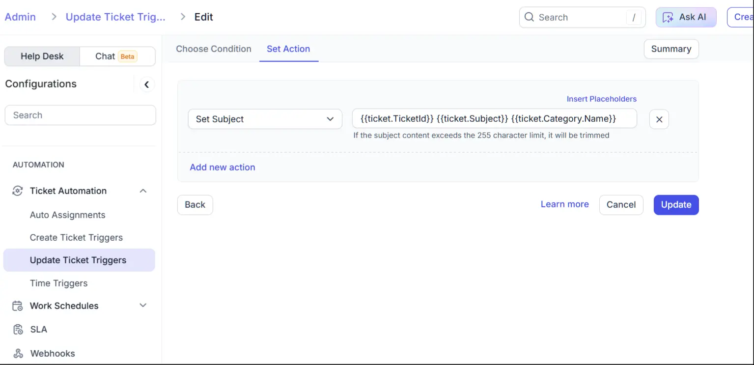 Admin interface shows ticket trigger automation settings, including subject input and update options for customization.