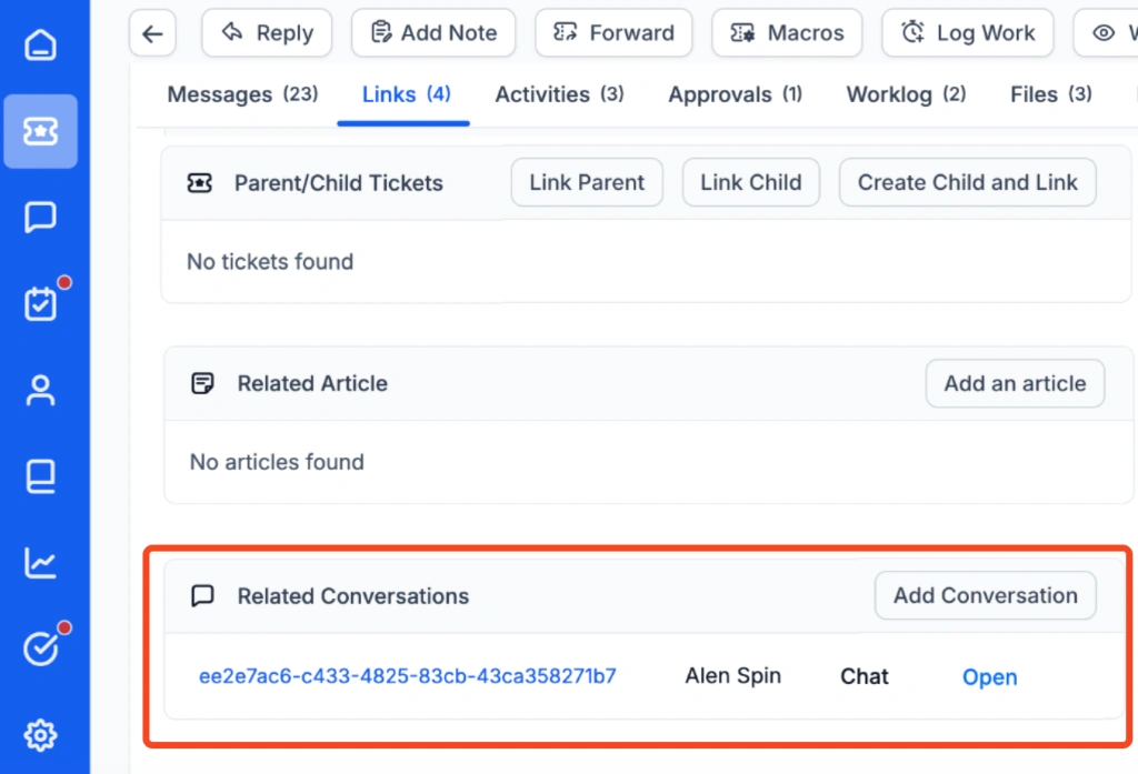 Interface showing linked item tabs and highlighted “Related Conversations” section with button to add a new entry.