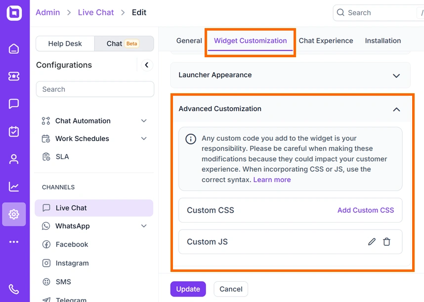 Settings page for widget customization; advanced options for CSS/JS; sidebar with channels; Update/Cancel buttons below.