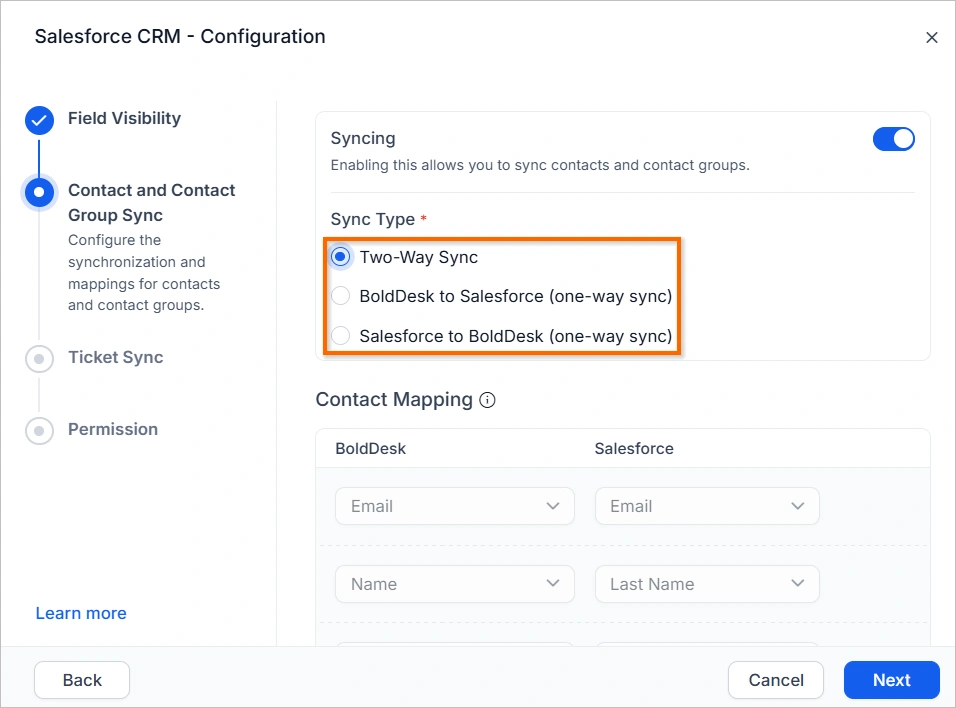 CRM interface displays Contact Group Sync setup with sync types and contact mapping between BoldDesk and Salesforce.