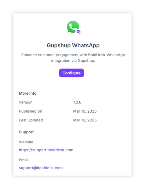 Gupshup WhatsApp config page with green chat icon, version info, dates, support links, and a bold 'Configure' button.