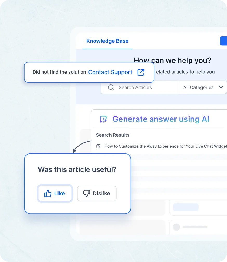 White and light blue knowledge base interface with AI search, support popup, and like/dislike feedback buttons