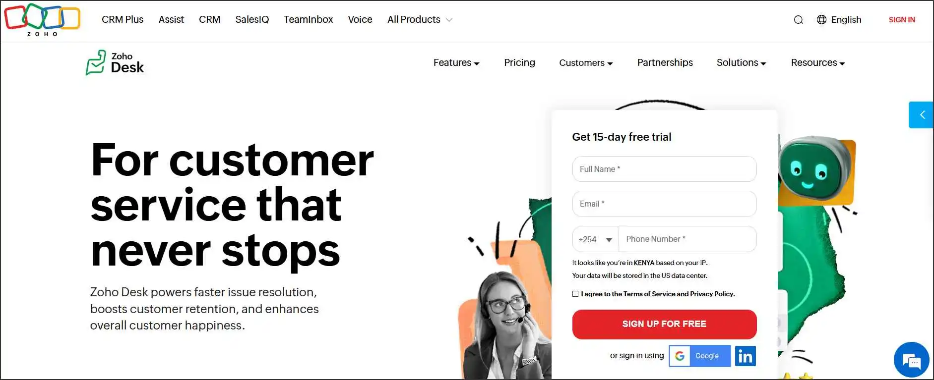 Zoho Desk 15-day free trial page with bold tagline, sign-up form, and smiling customer service rep image