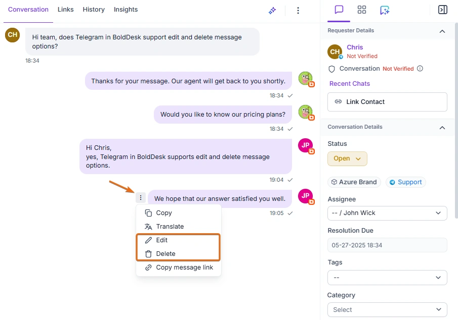 Chat interface showing BoldDesk Telegram support discussion; options menu highlights “Edit” and “Delete” message actions.