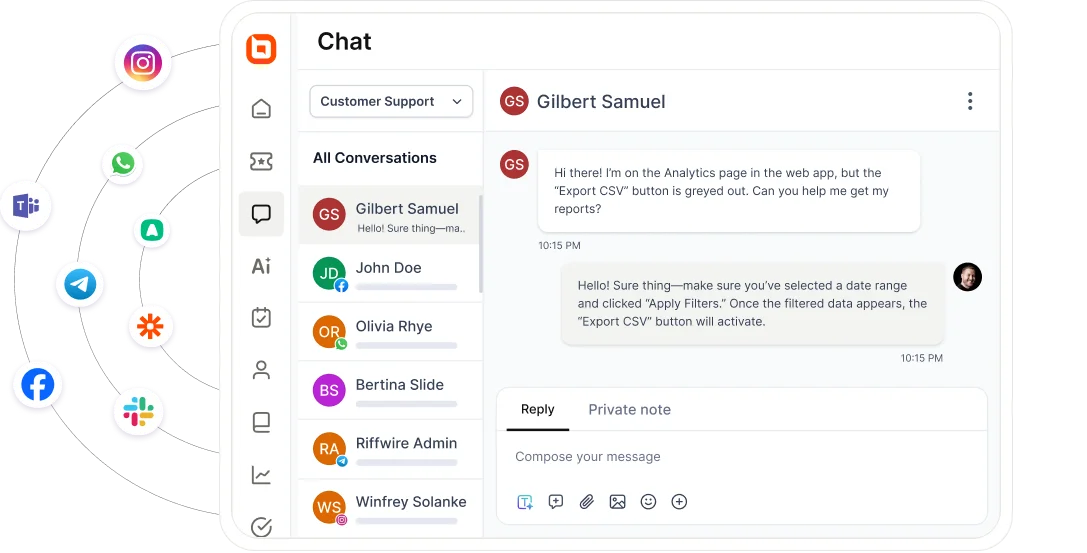 White customer support dashboard with multicolor channel icons, gray chat panel, and customer conversation window