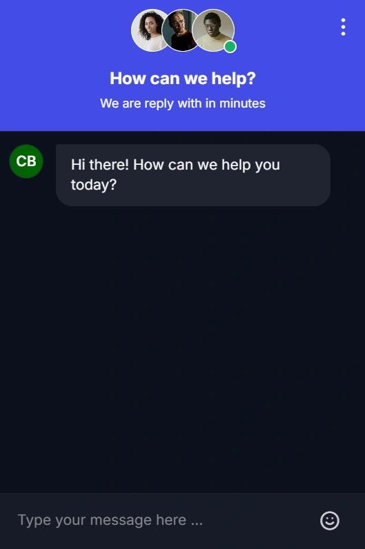 Support chat UI with blue header, three profile pictures, and greeting prompt: “Hi there! How can we help you today?”