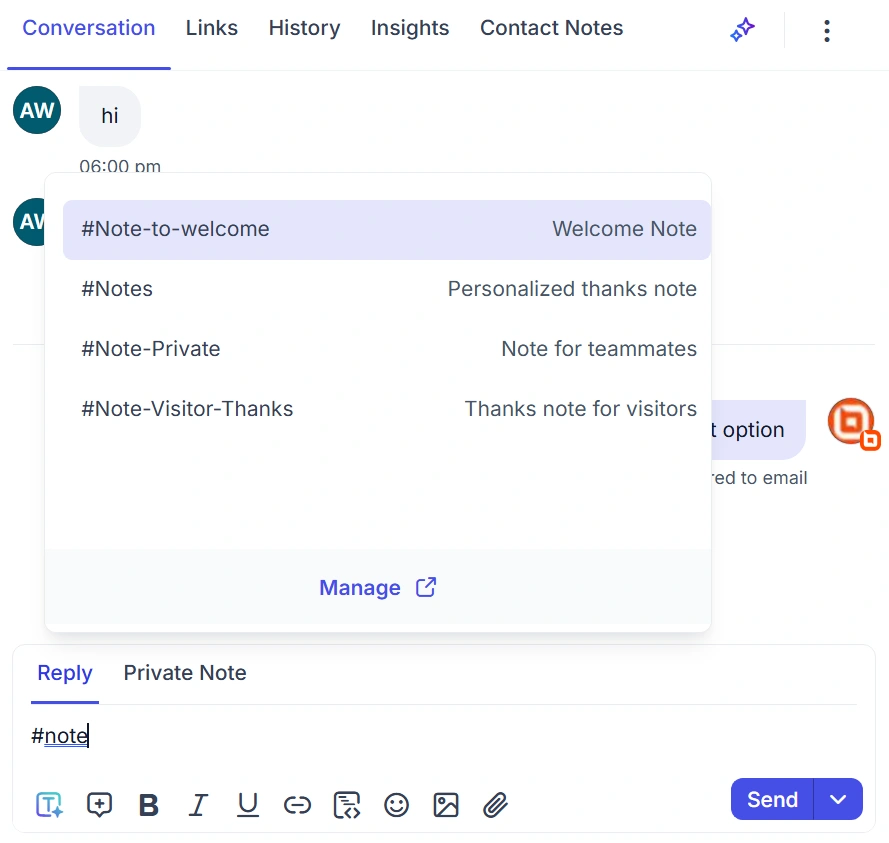 Chat interface with user message 'hi'; dropdown shows note templates like 'Welcome Note'; input field contains '#note'.