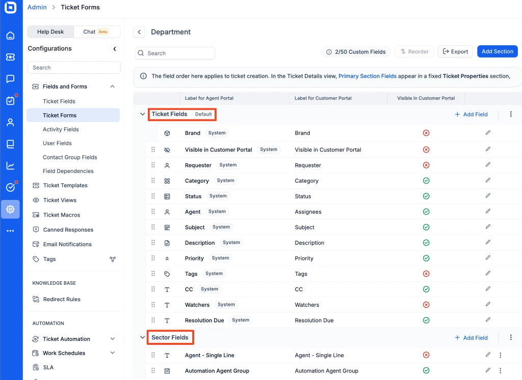 Dashboard UI showing ticket form setup with ticket and sector fields, each with visibility settings in a clean layout.