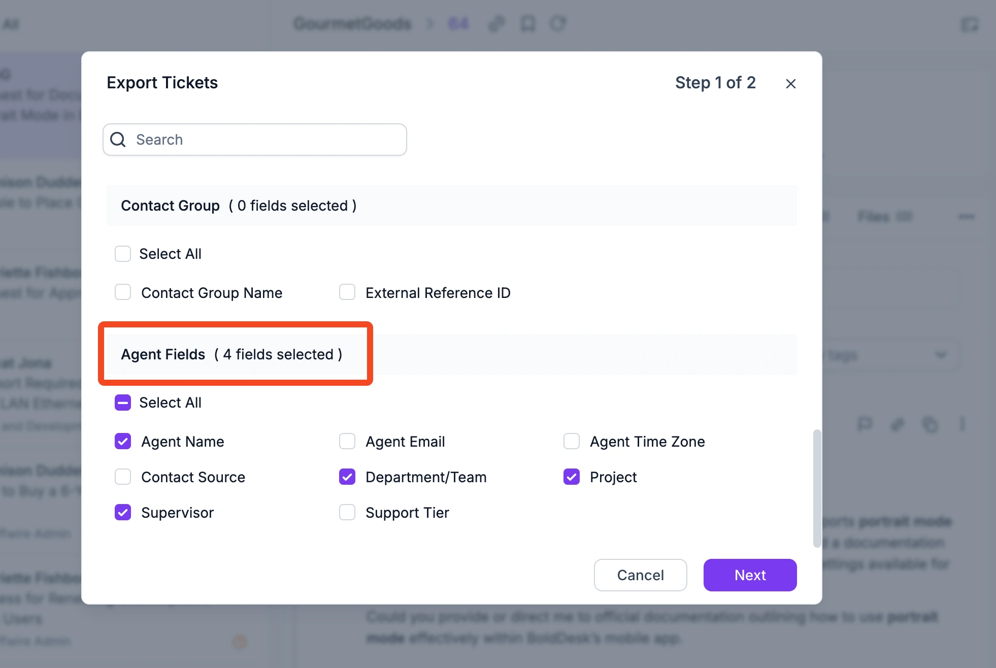 Export Tickets screen with Contact Group and Agent Fields; four agent fields like Agent Name and Project are selected.