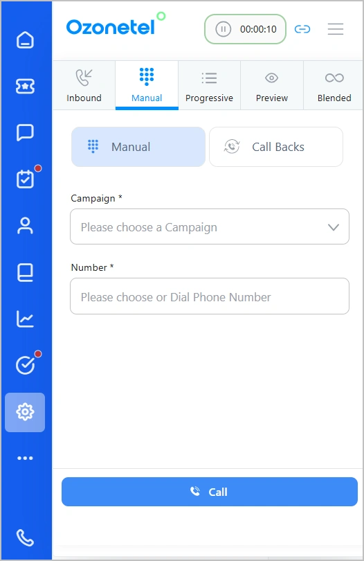Call center interface with manual dialing options; campaign and phone number fields; blue sidebar menu visible.