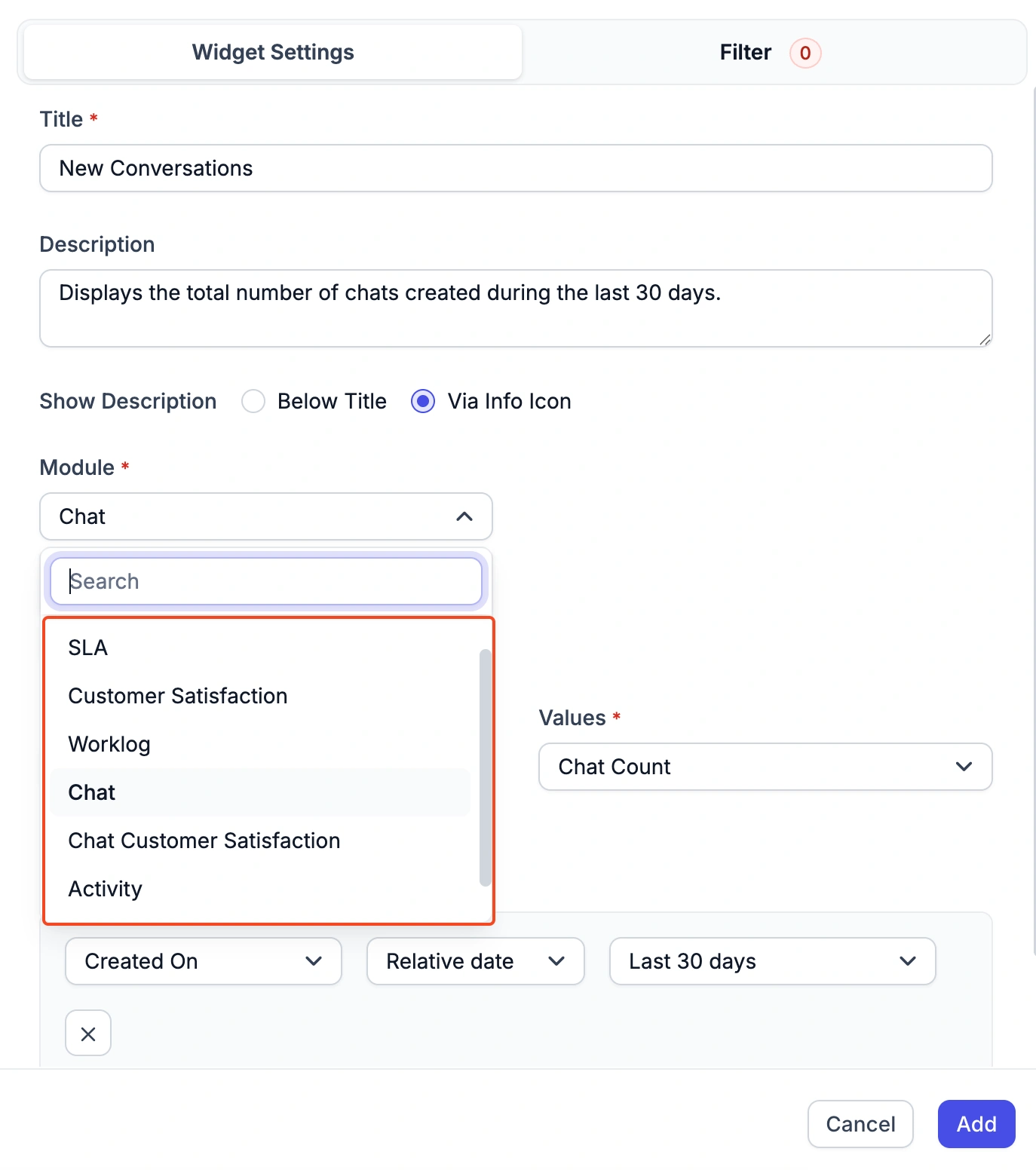 Chat widget settings with title, description, module dropdown, date filter; shows chat count past 30 days.