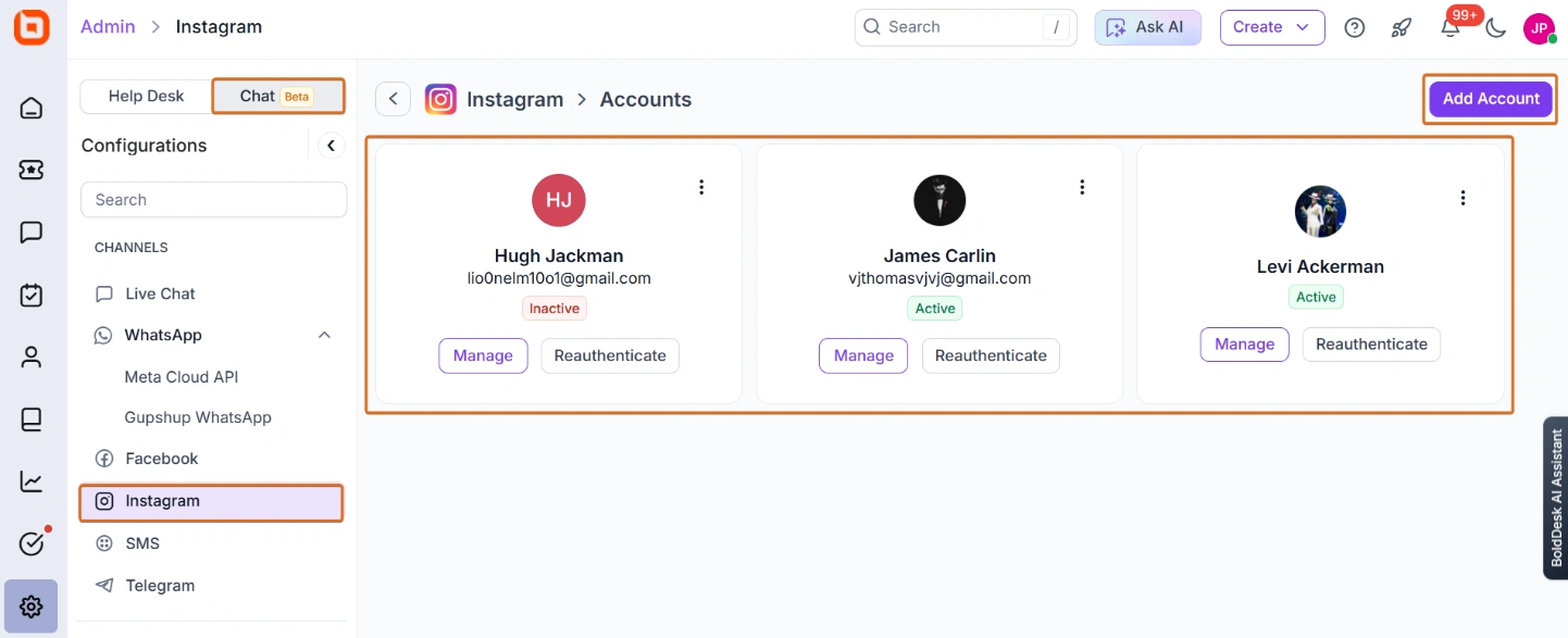 Admin panel showing Instagram accounts; one inactive. Options include manage, reauthenticate, and 'Add Account' button.