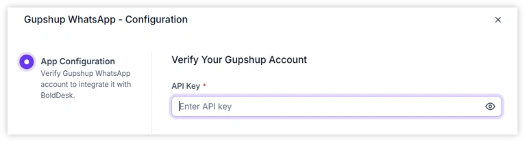 Gupshup WhatsApp config screen prompting API key entry for account verification; includes input field and app icon.