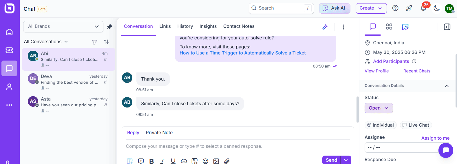 Support platform screen with agent messages, ticket status, contact info, and options like Summarize and Add Participants.