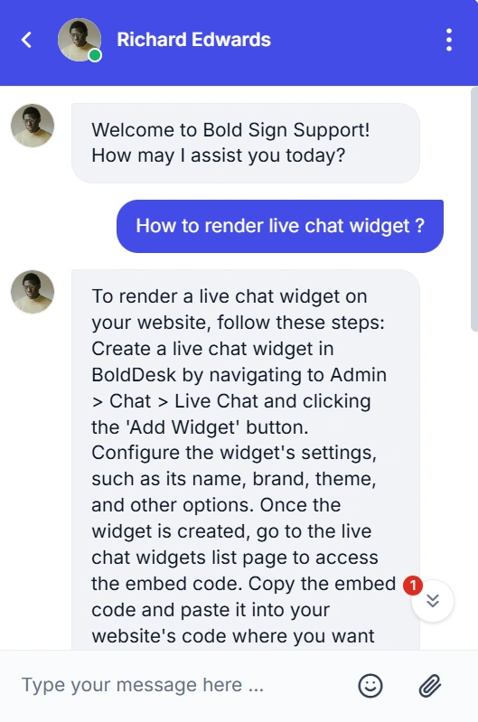 Chat UI with Richard Edwards assisting; user asks about live chat widget; detailed step-by-step instructions are shown.