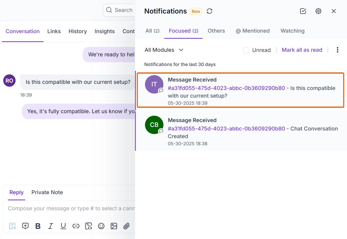 Notifications panel with two messages; one asks about setup compatibility. Tabs and interface options are shown clearly.