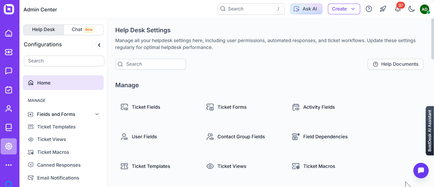 Admin Center UI for help desk setup; shows Help Desk Settings with configurable ticket fields, forms, and templates.