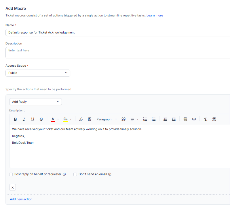 Automated replies for ticket macros