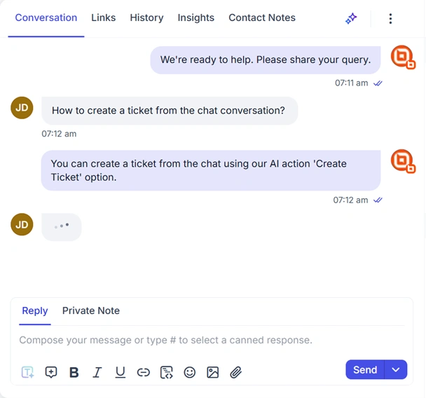 Chat conversation screenshot with user asking to create a ticket; response advises using the ‘Create Ticket’ button.