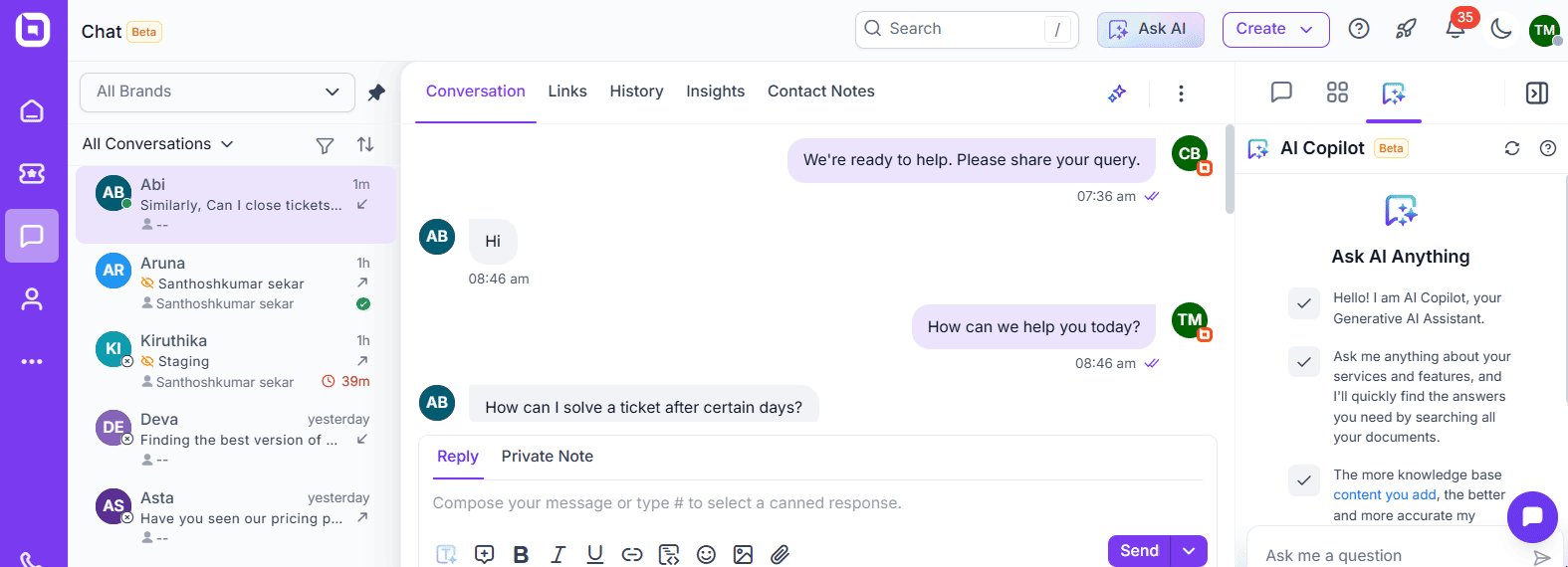 Helpdesk UI with active conversation tab; agent shares auto-solve link. AI panel on right offers ticket tips and prompt box.