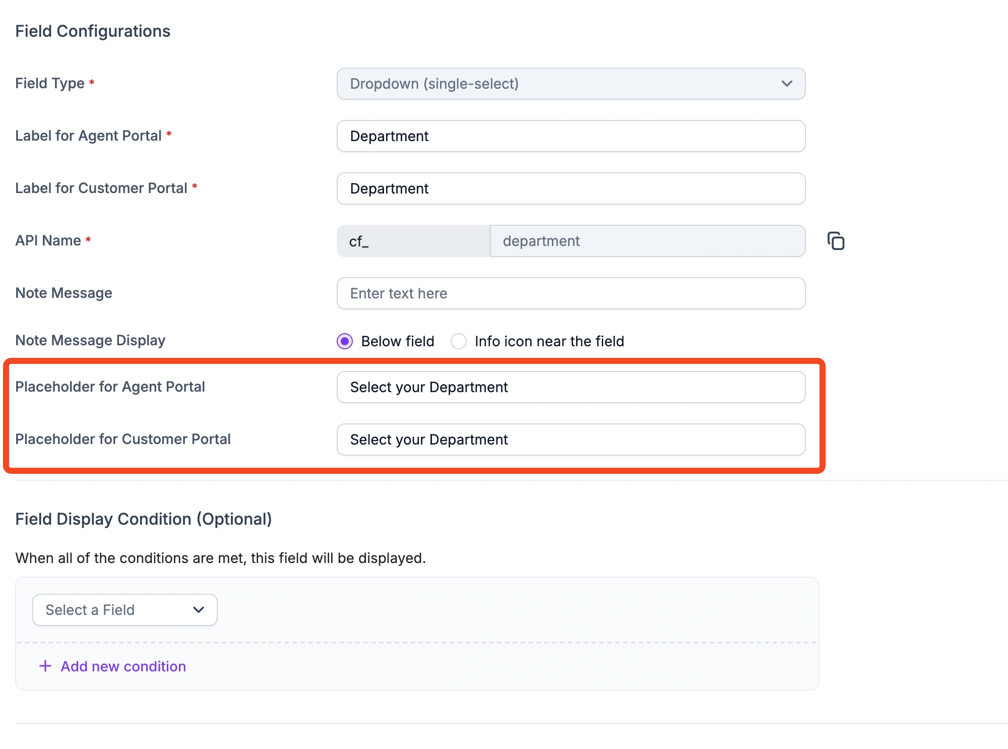 Form config UI with “Department” dropdown; placeholder “Select your Department” shown for Agent and Customer Portals.