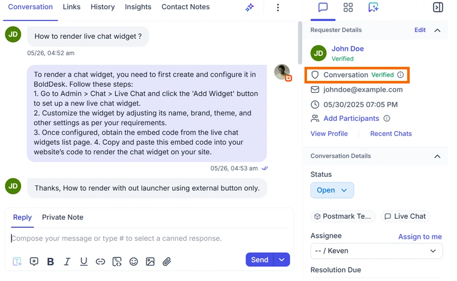 Professional chat interface showing BoldDesk widget setup conversation; user asks, agent provides detailed response.