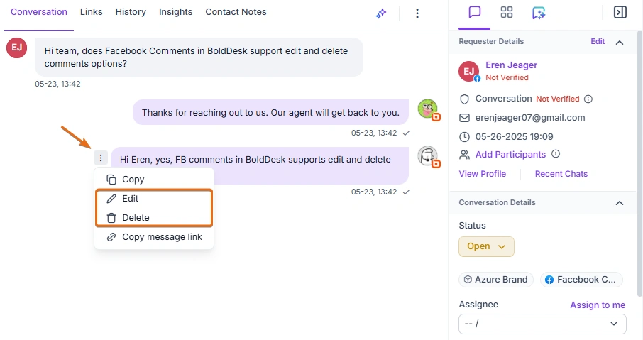 Customer chat UI showing BoldDesk Facebook comment editing talk; message actions, requester info, and open status are visible.