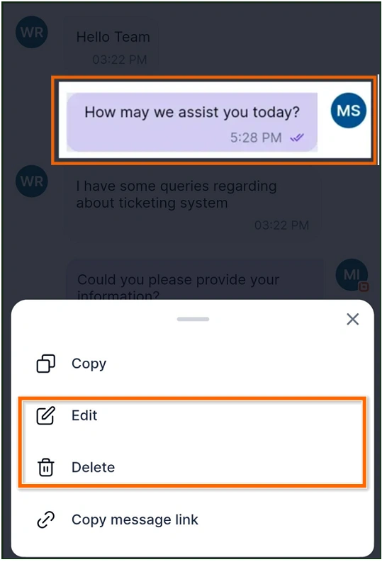 Message bubble reading “How may we assist you today?” is highlighted; Copy, Edit, and Delete options appear underneath.