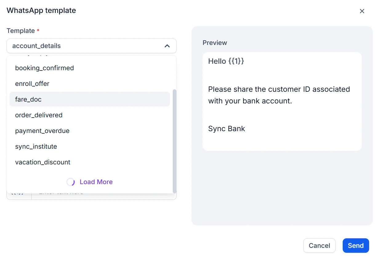 WhatsApp template setup screen with “fare_doc” selected; preview shows a message prompting for bank customer ID input.