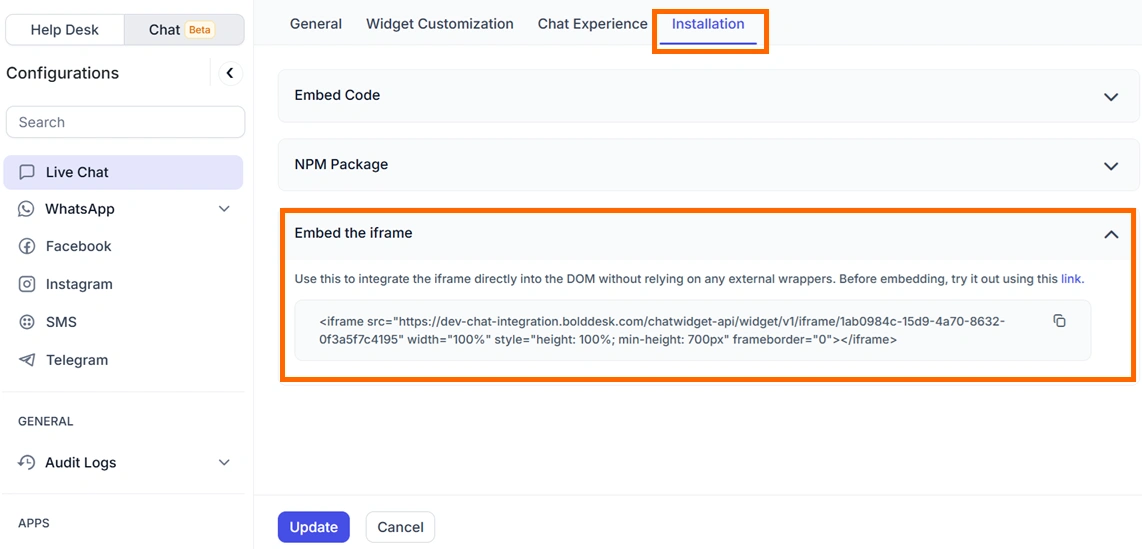 Live chat setup dashboard with “Installation” tab active; iframe code shown for widget embed in a clean, readable layout.