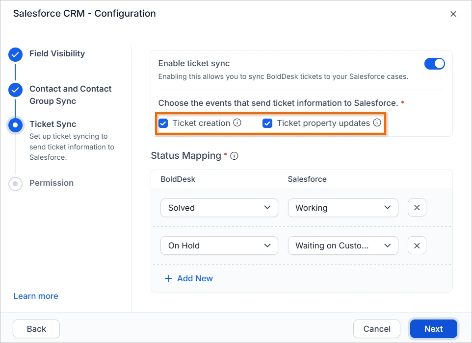 Salesforce CRM config screen with Ticket Sync enabled; ticket creation/update options checked; status mapping shown.