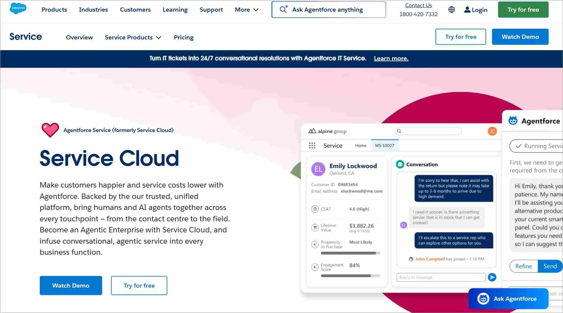 Salesforce Service Cloud customer support platform with AI-powered cloud-based ticketing and service automation.