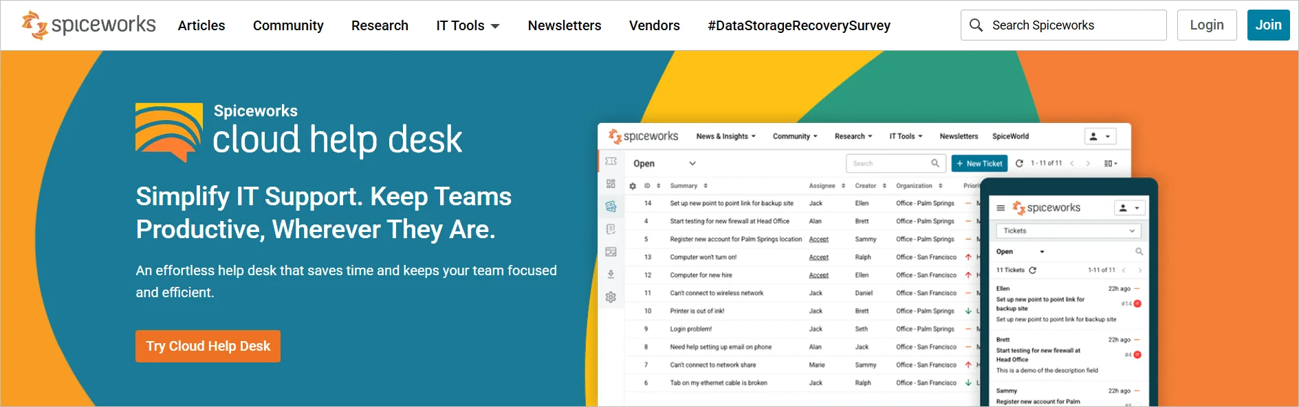 Spiceworks IT help desk platform providing community-driven cloud-based ticketing and IT management resources.