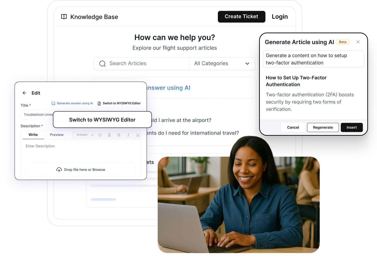 AI-powered knowledge base editor for remote customer service with article generation tools and a user working on a laptop