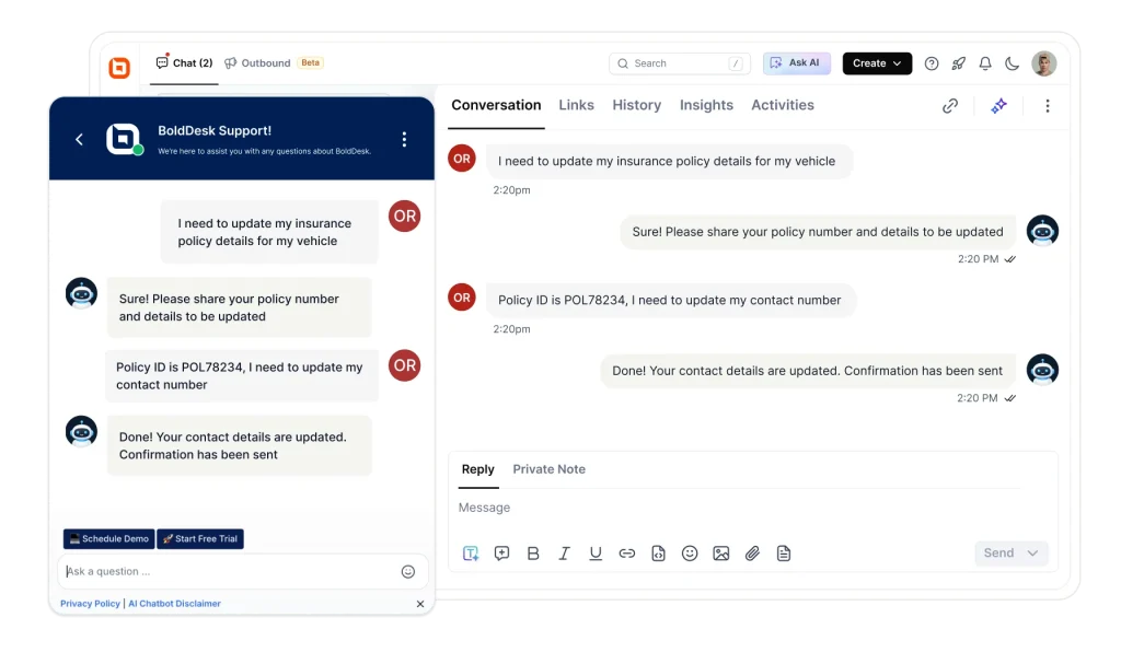Live chat support interface showing conversation history, automated responses and ticket updates in dashboard viewUI