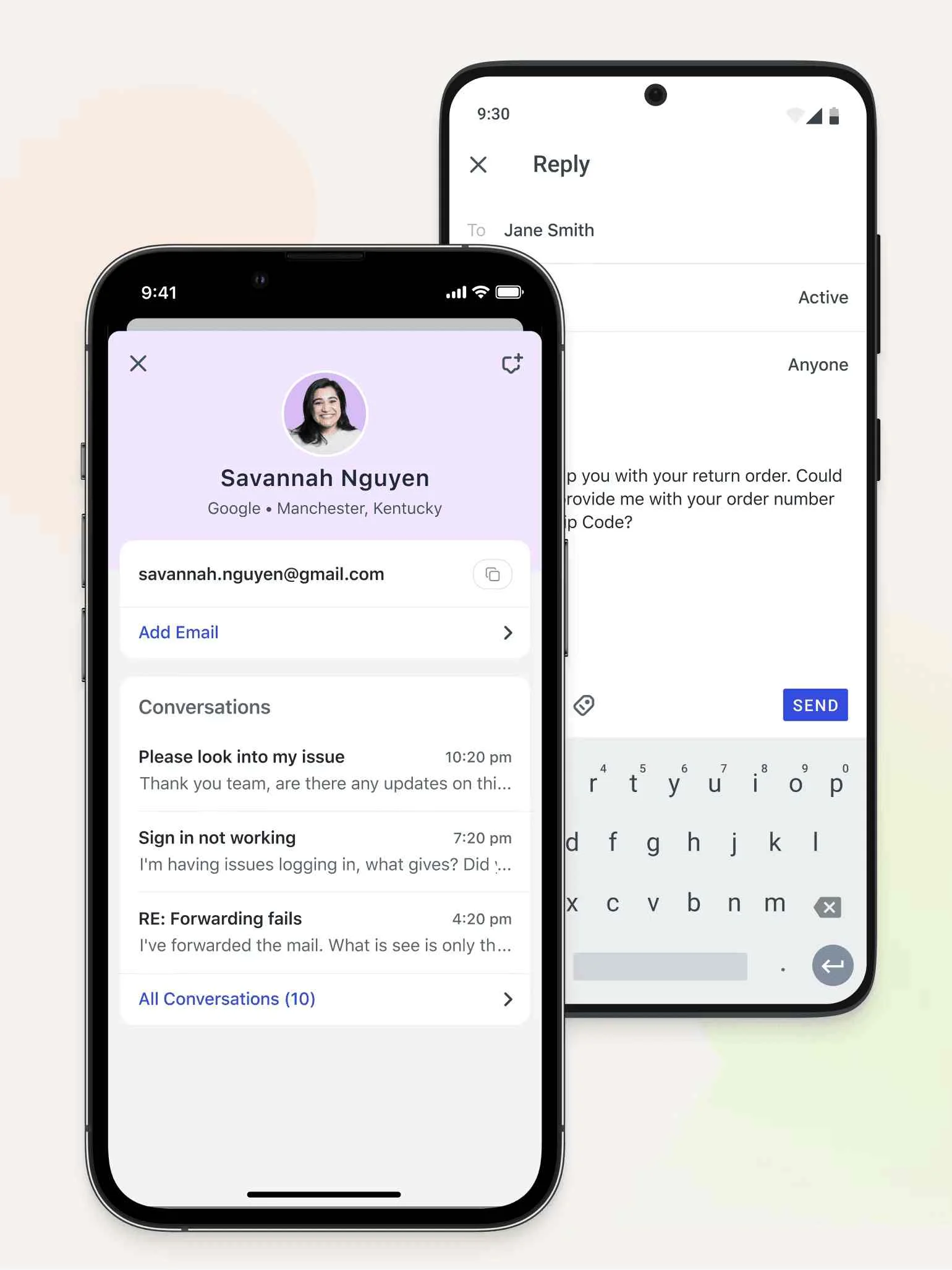 Two smartphones display email apps: left shows Savannah Nguyen’s contact profile, right shows draft reply with Send button