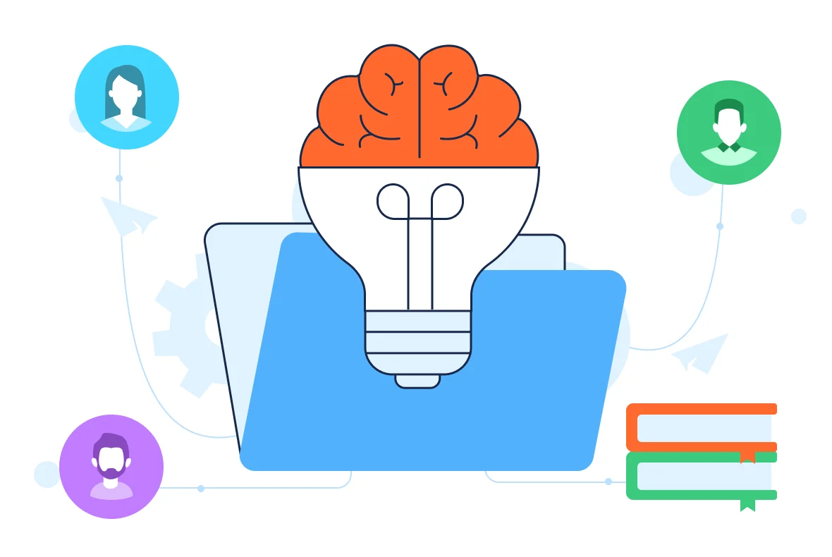 An illustration of a knowledge management system shown as a brain-shaped light bulb in a folder, highlighting organizational knowledge sharing.