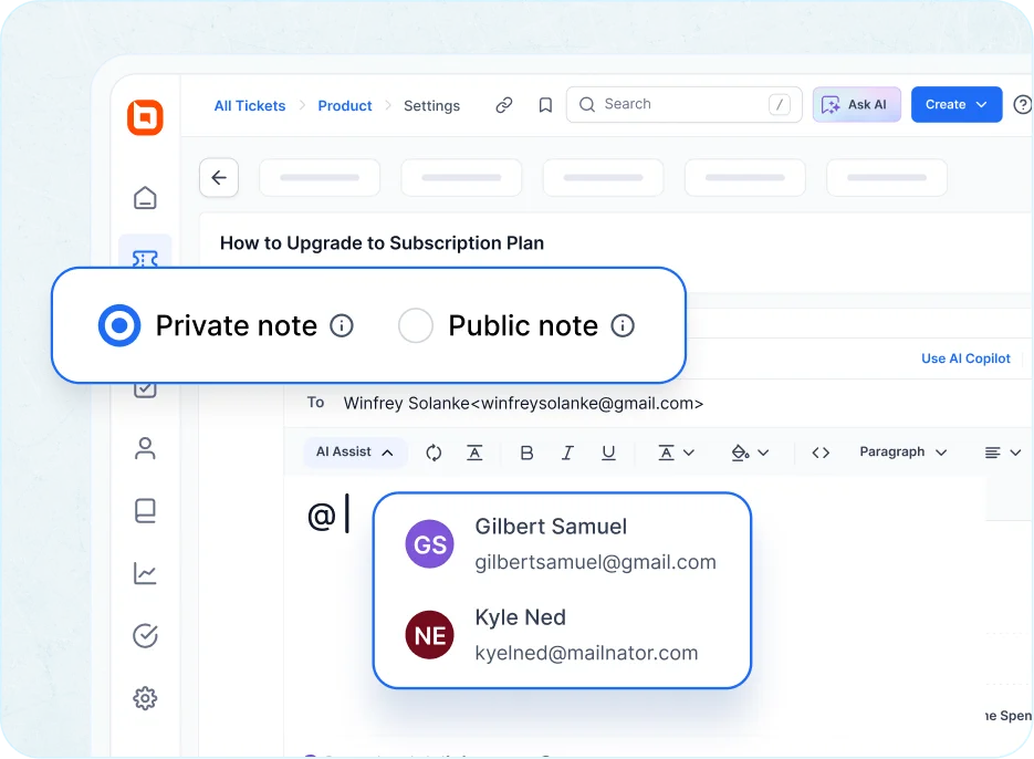 Support dashboard showing notes toggle and team mentions in shared inboxes for managing customer tickets collaboratively every day.